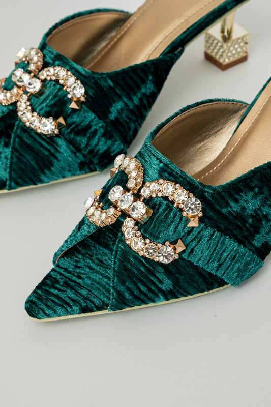 Velvet Embellished Mule Heels