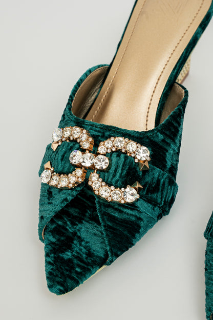 Velvet Embellished Mule Heels