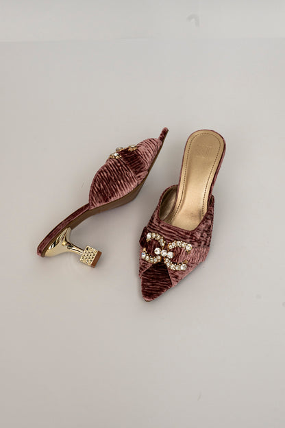 Velvet Embellished Mule Heels