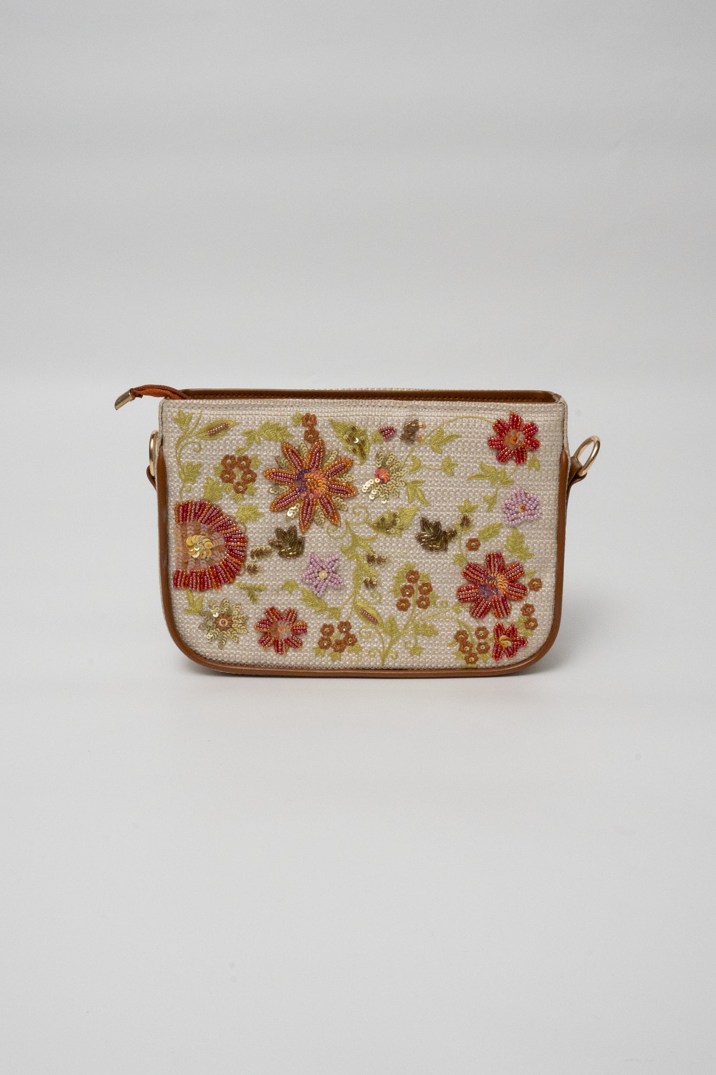 Floral Embroidered Beaded Crossbody Bag – Tan Leather Trim