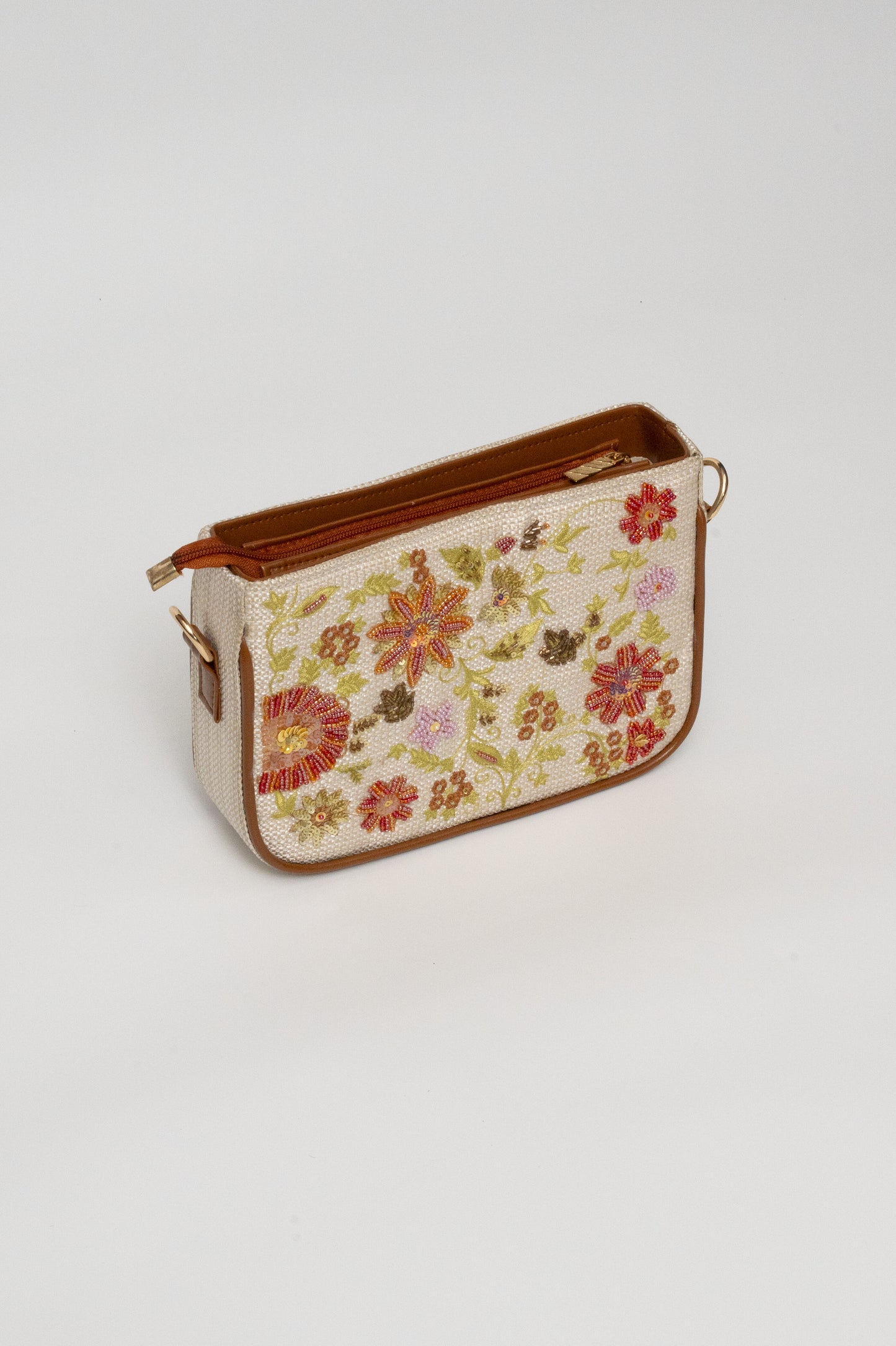 Floral Embroidered Beaded Crossbody Bag – Tan Leather Trim
