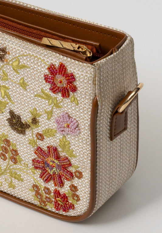 Floral Embroidered Beaded Crossbody Bag – Tan Leather Trim