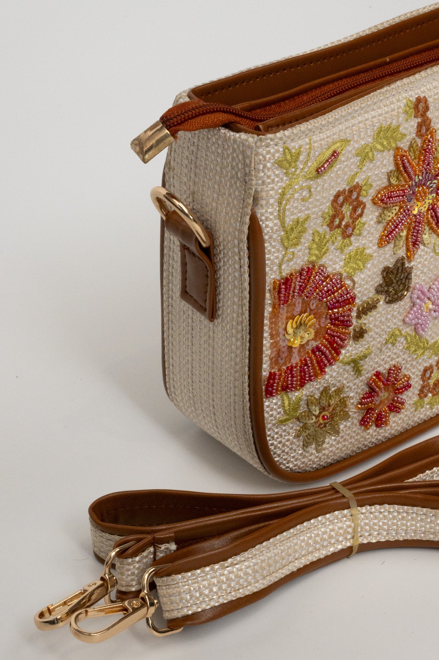 Floral Embroidered Beaded Crossbody Bag – Tan Leather Trim