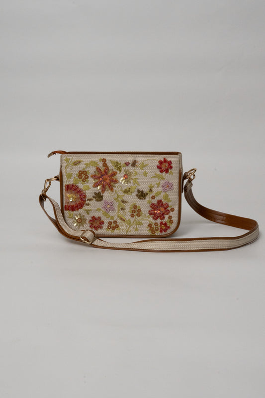 Floral Embroidered Beaded Crossbody Bag – Tan Leather Trim