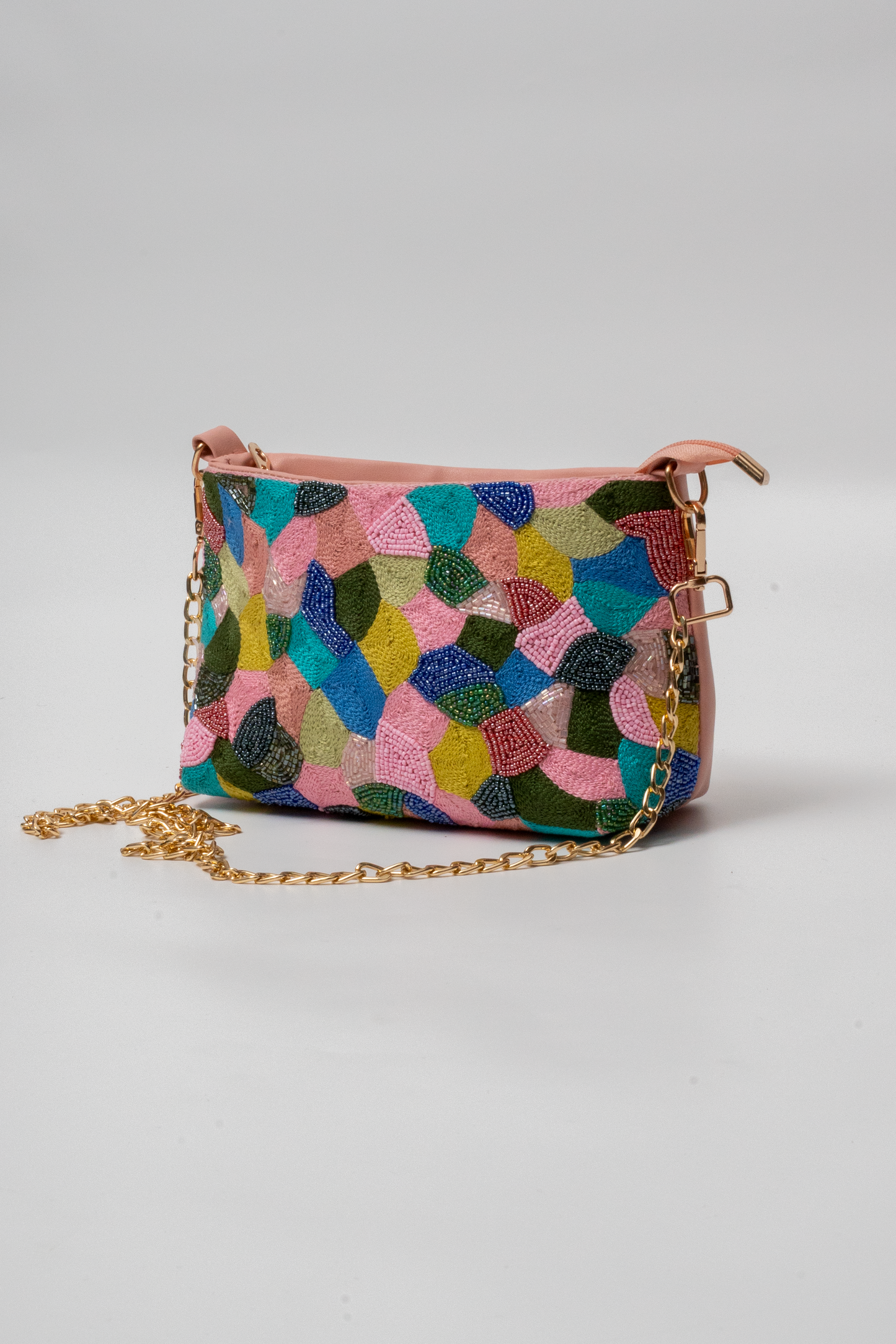 Multicolor Hand-Embroidered Beaded Sling Bag – Pink