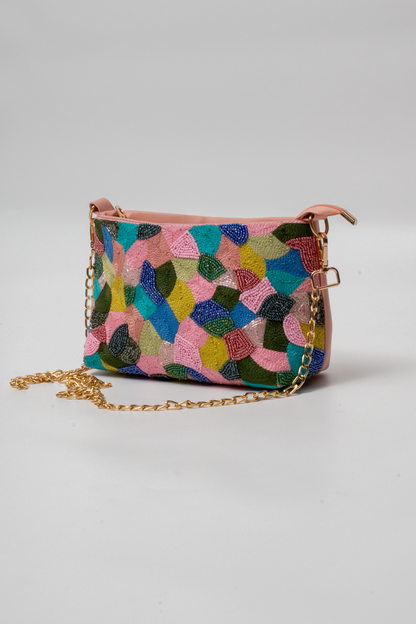 Multicolor Hand-Embroidered Beaded Sling Bag – Pink