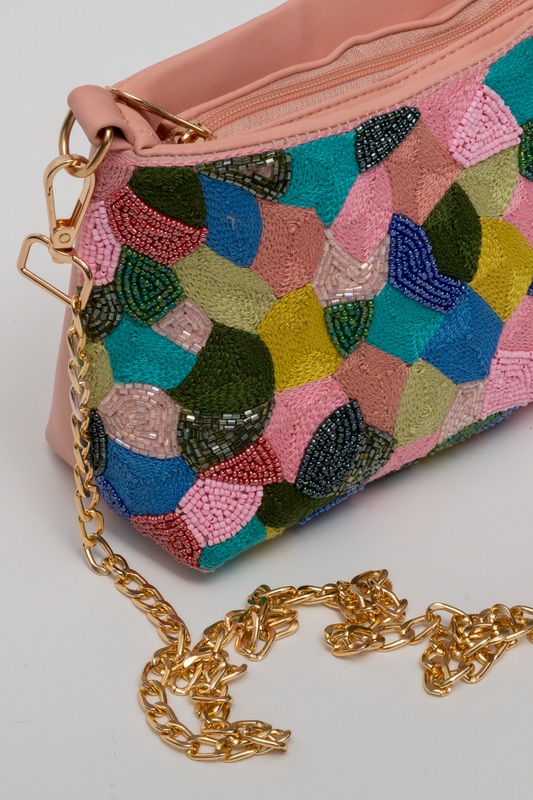 Multicolor Hand-Embroidered Beaded Sling Bag – Pink