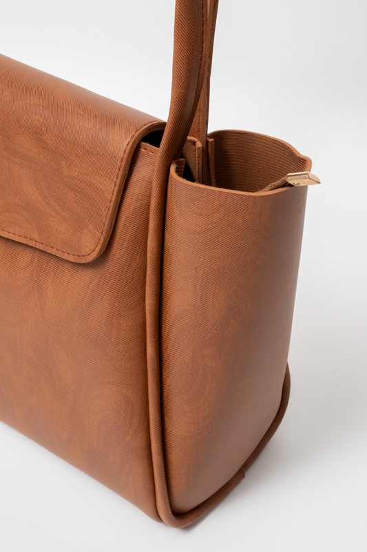 Tan Structured Tote Bag with Front Flap