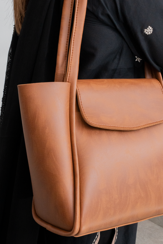 Tan Structured Tote Bag with Front Flap
