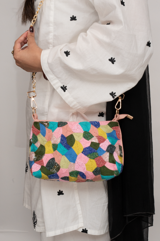 Multicolor Hand-Embroidered Beaded Sling Bag – Pink