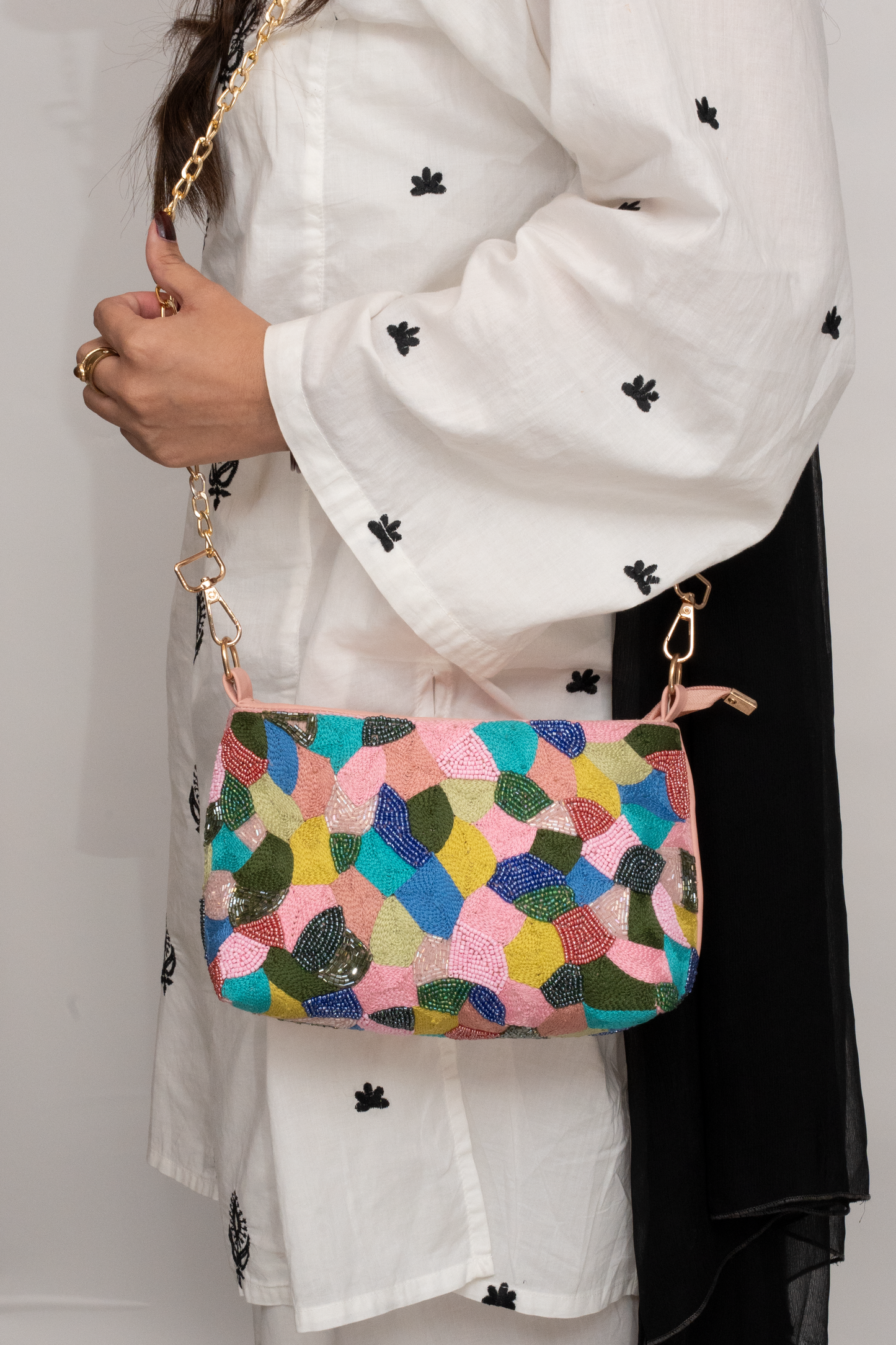 Multicolor Hand-Embroidered Beaded Sling Bag – Pink