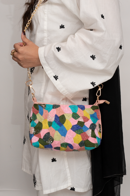 Multicolor Hand-Embroidered Beaded Sling Bag – Pink