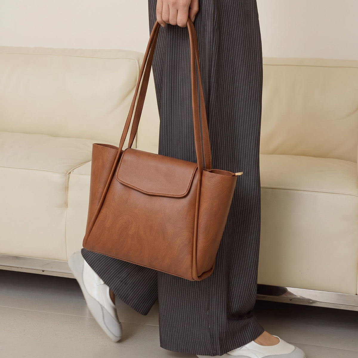 Tan Structured Tote Bag with Front Flap