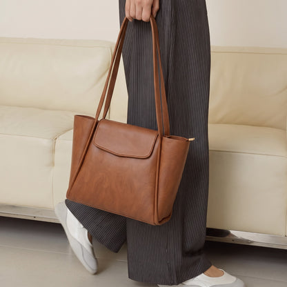 Tan Structured Tote Bag with Front Flap