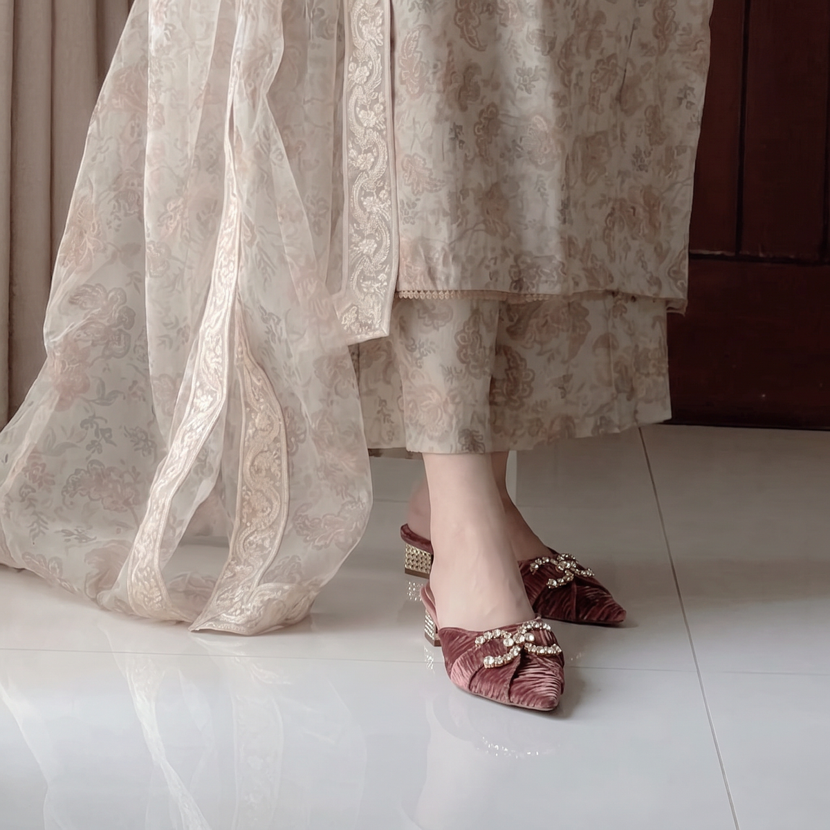 Velvet Embellished Mule Heels